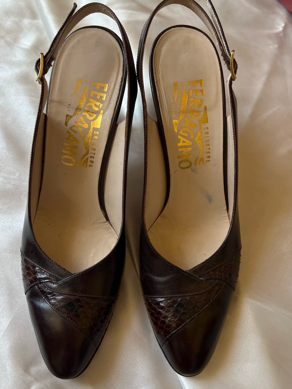 Salvatore Ferragamo Dark Brown Leather Slingback Heels Size 6 1/2 AAAA - Picture 2 of 5